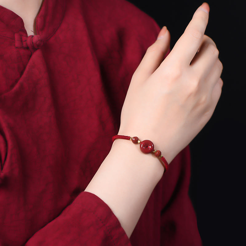 Handmade Cinnabar Peace Buckle Lotus Calm Blessing Braided Rope Bracelet