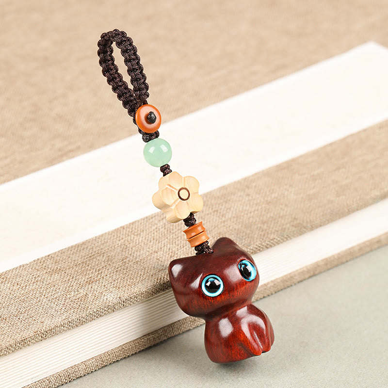 Hand-Carved Lucky Cat Wood Charm with Green Aventurine, Boxwood & Olive Wood Phone Keychain