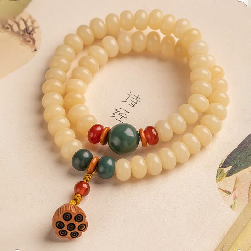 Natural Bodhi Seed and Lotus Pod Charm Double Wrap Mindfulness Bracelet