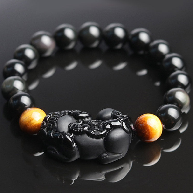 Handmade Rainbow Obsidian & Tiger Eye Pixiu Unisex Beaded Bracelet