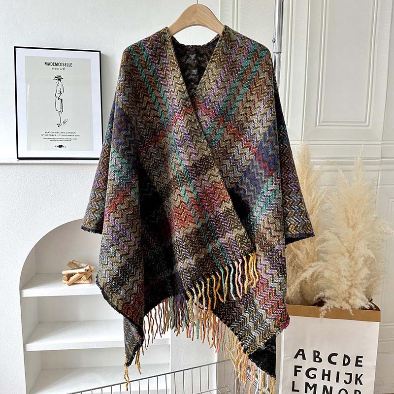 Tibetan Shawl Colorful Wavy Striped Shapes Tassels Winter Cozy Travel Scarf Wrap