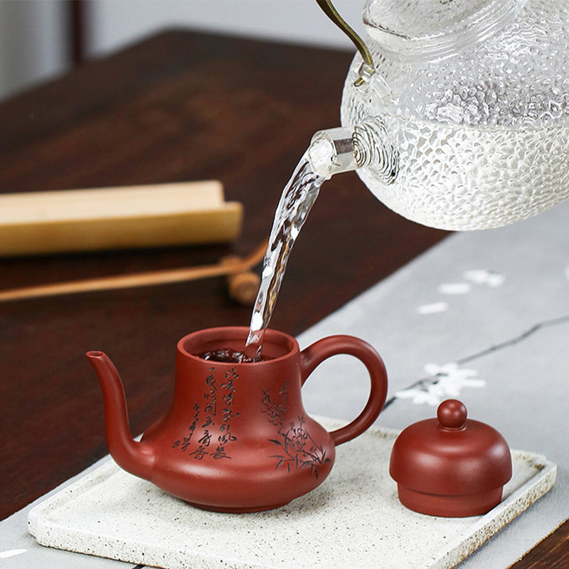 Vintage Bamboo Peach Blossom Purple Clay Kung Fu Teapot
