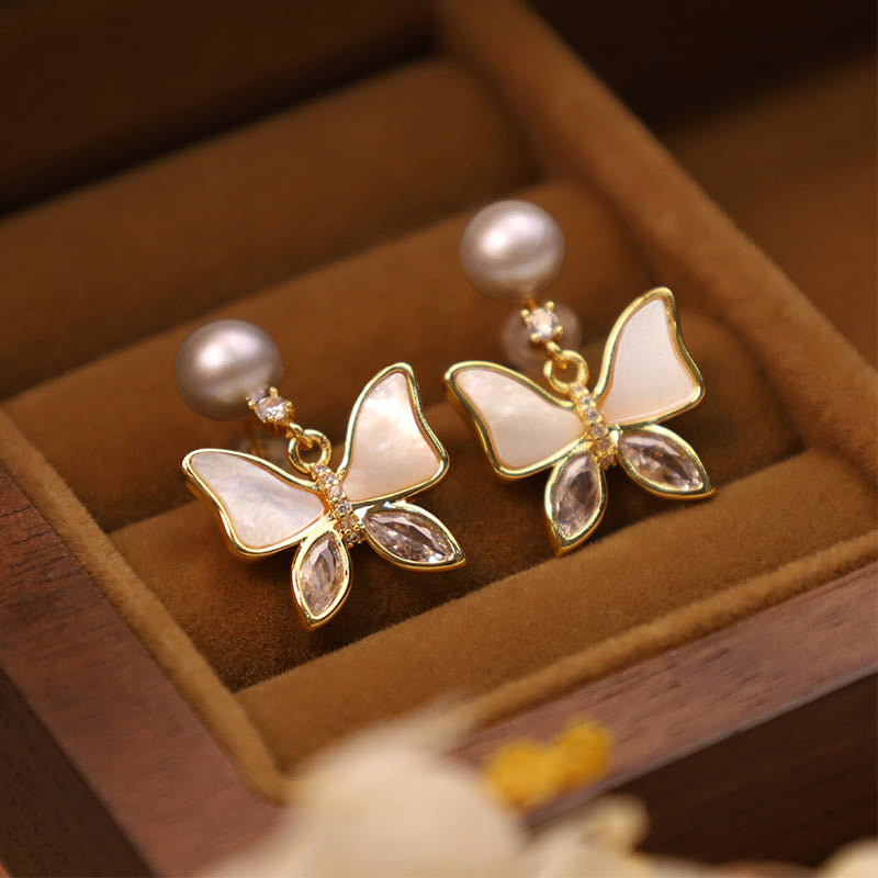 18K Gold Plated Copper Natural Shell Pearl Butterfly Sincerity Stud Earrings