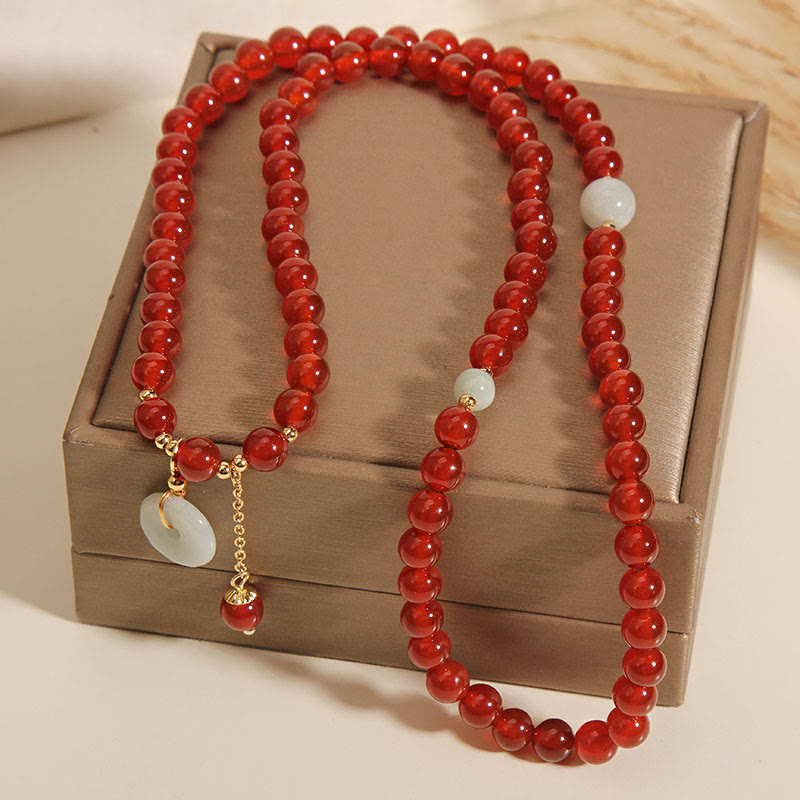Natural Red Agate and Jade Ping An Kou Triple Wrap Bracelet