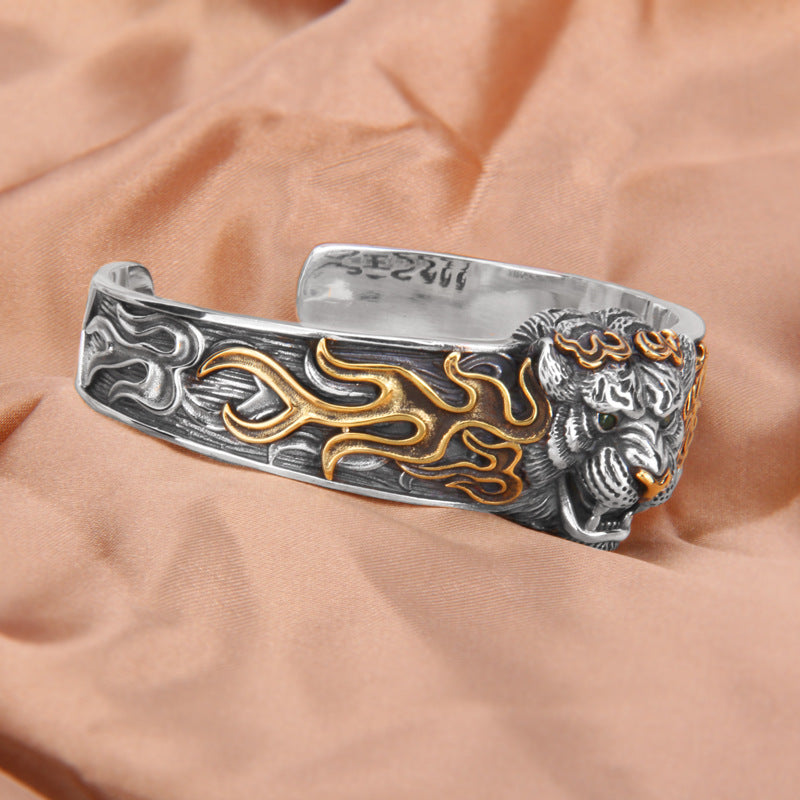 925 Sterling Silver Chinese Zodiac Tiger Adjustable Bangle Bracelet