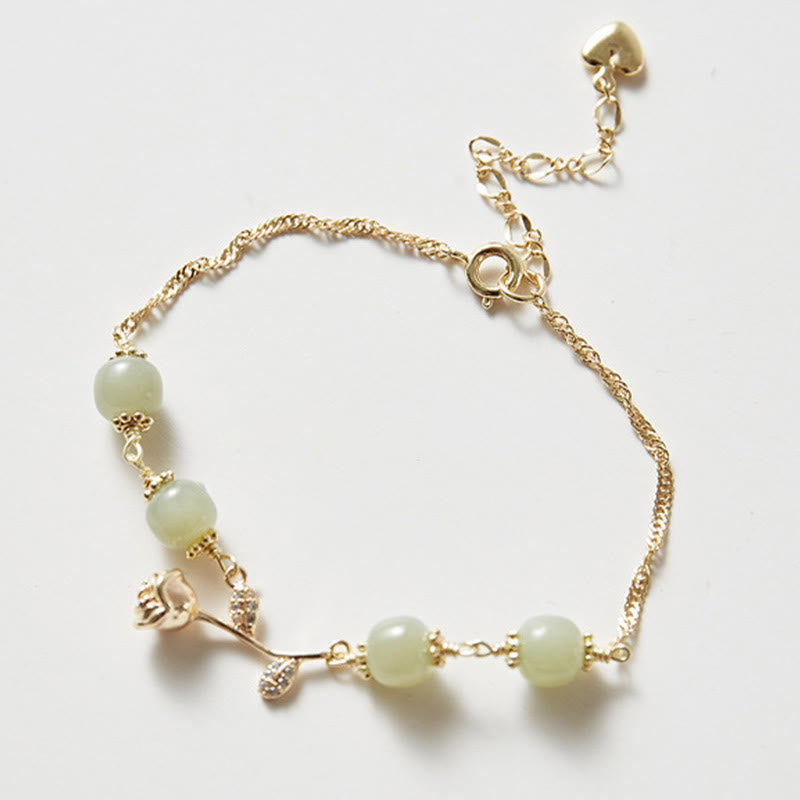 14K Gold Plated Hetian Jade Golden Rose Flower Luck Chain Bracelet