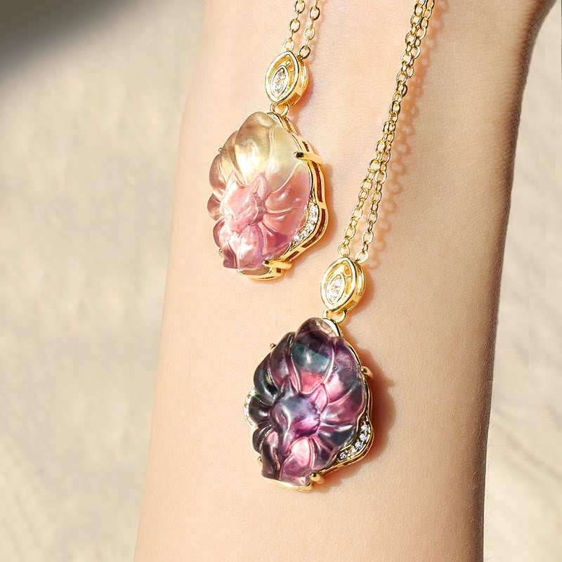 Natural Colorful Fluorite Hand-Carved Nine-Tailed Fox Pendant Necklace