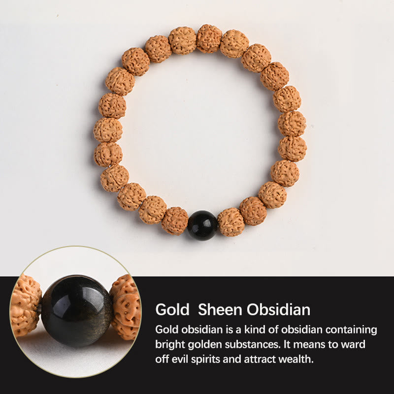 Tibetan Rudraksha & Bodhi Seed Bracelet with Hetian Jade and Gold Sheen Obsidian