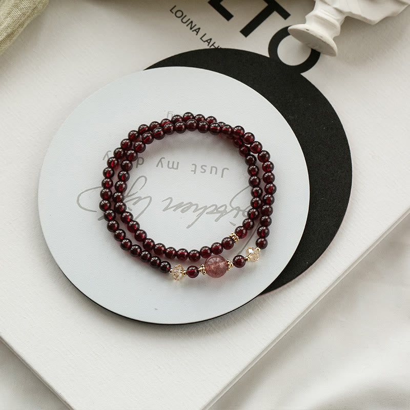 14K Gold Plated Natural Garnet Strawberry Quartz Stability Double Wrap Bracelet