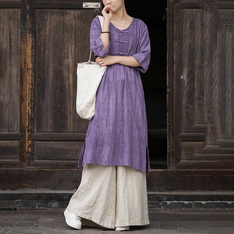 Ramie Linen Tie-Dye Frog-Button Meditation Midi Dress & Wide-Leg Pants Set