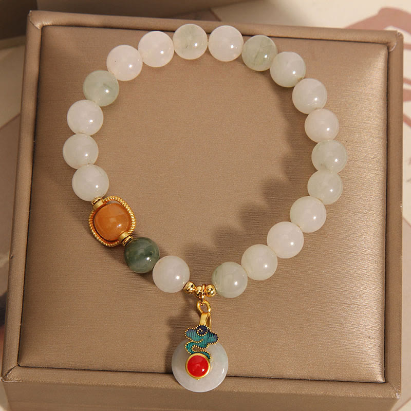 Jade and Red Agate Beaded Bracelet with Citrine and Auspicious Clouds Motif