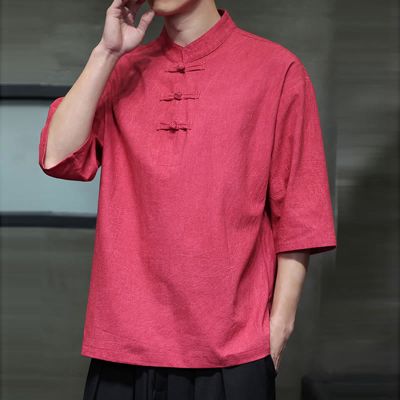 Cotton Linen Half-Sleeve Stand Collar Meditation Shirt