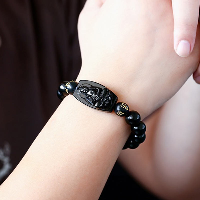Hand-Carved Black Obsidian Om Mani Padme Hum Chinese Zodiac Beaded Bracelet