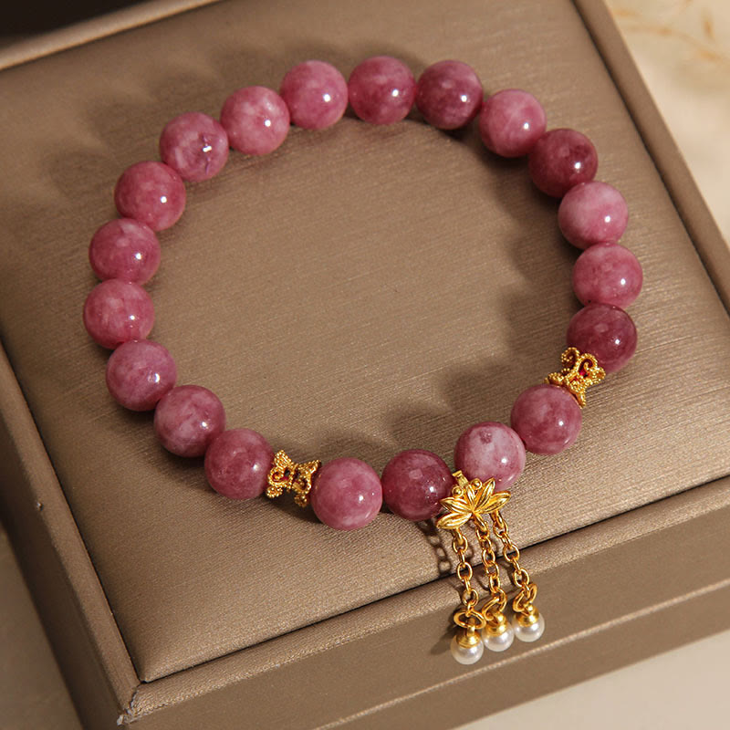 Delicate Pink Tourmaline and Pearl Lotus Flower Beaded Bracelet