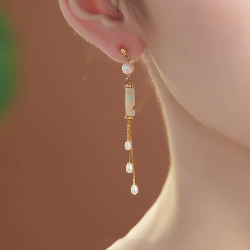 925 Sterling Silver Posts Shoushan Stone Pearl Healing Drop Earrings