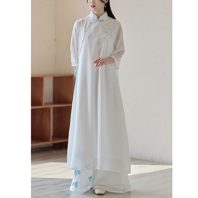 Bamboo Cheongsam Dress Midi Dress Wide Leg Pants Meditation Spiritual Zen Practice Clothing
