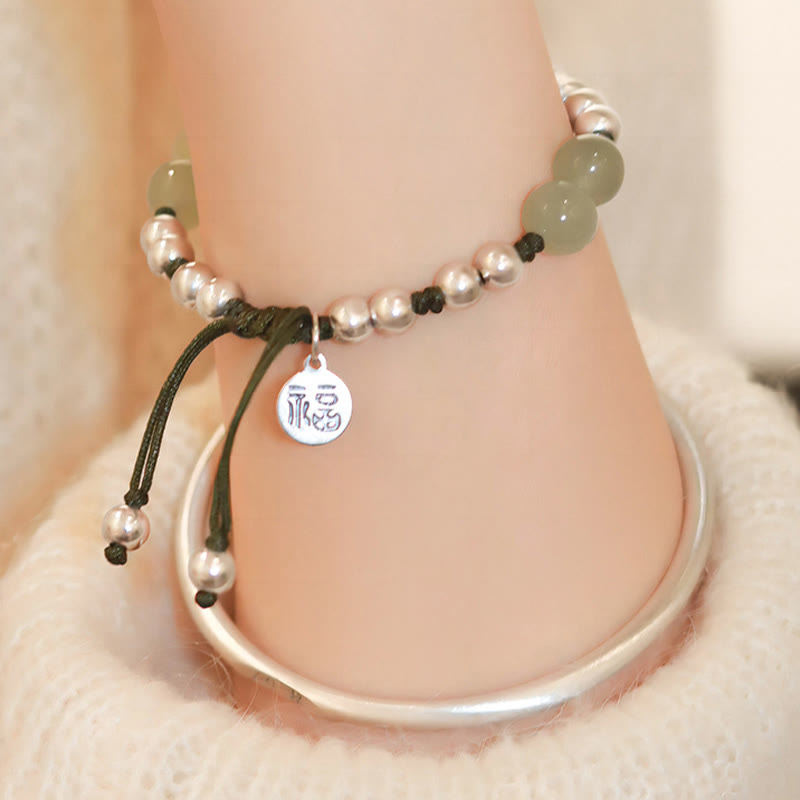 925 Sterling Silver Natural Hetian Jade Bamboo and Fu Character Resilience Bracelet