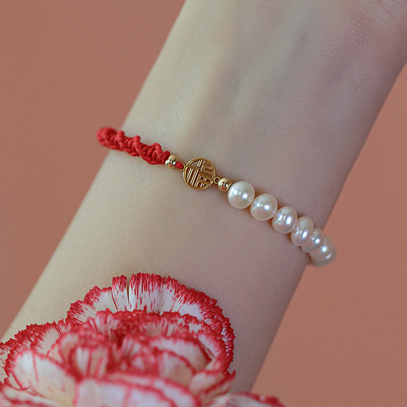 14K Gold Plated Pearl and Prosperity Symbol Braided Red String Bracelet
