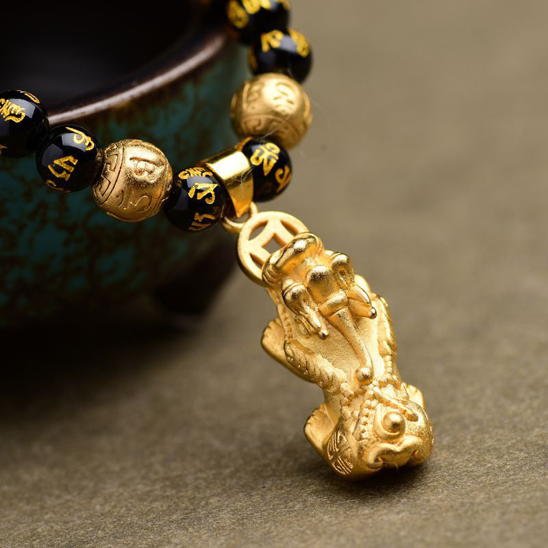 Grounding Black Onyx and Obsidian Om Mani Padme Hum Pixiu Pendant Necklace