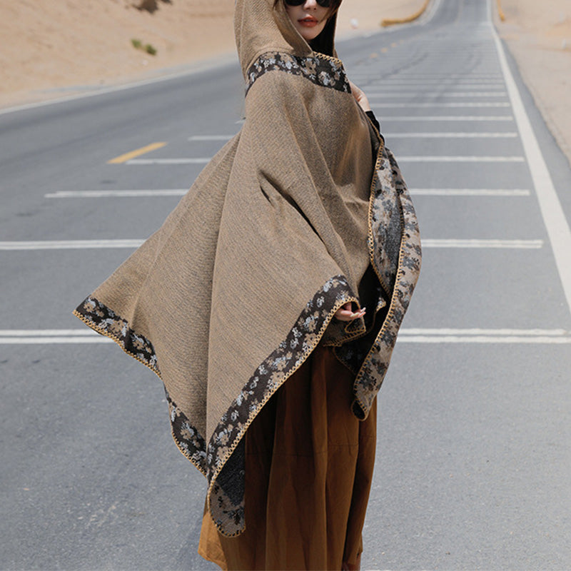 Tibetan Shawl Border Small Floral Flower Hooded Cloak Winter Cozy Travel Scarf Wrap