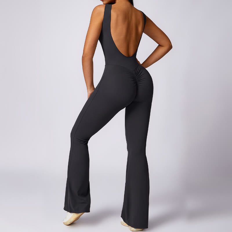 Women Casual Sleeveless Jumpsuit Flare Pants Sports Fitness Yoga Bodysuit