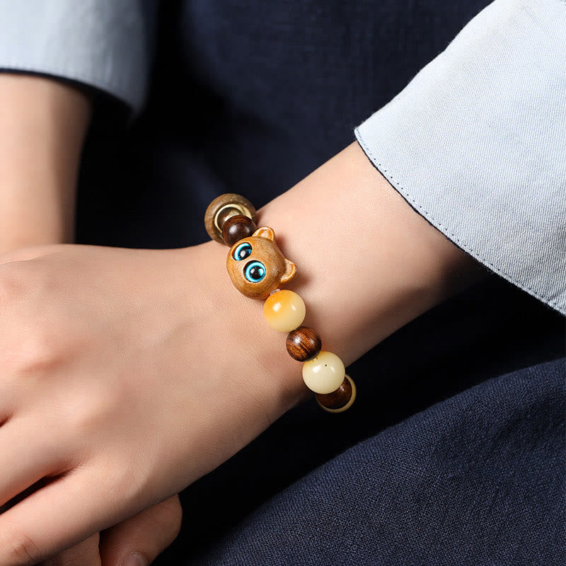 Natural Bodhi Seed Sandalwood Lucky Cute Cat Head Paw Claw Peace Bracelet
