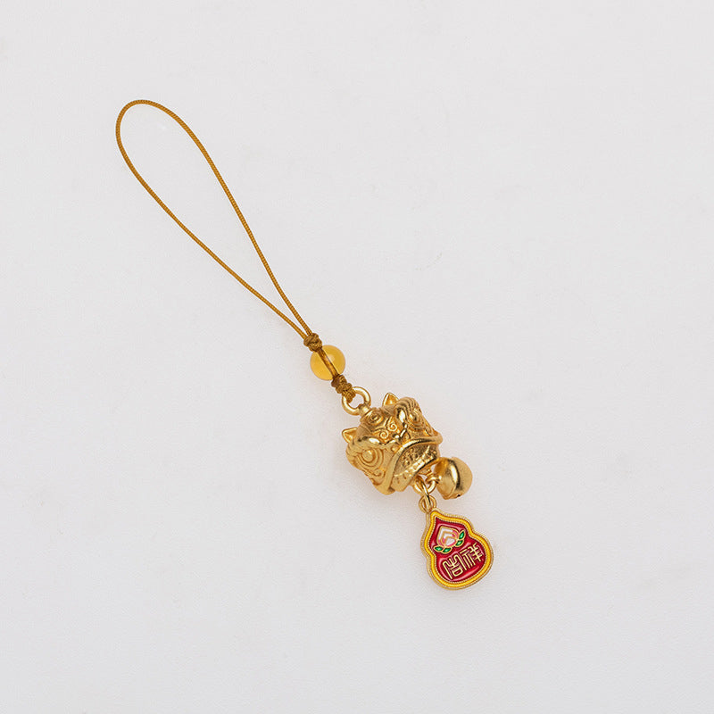 Dancing Guardian Lion Brass Copper Phone Charm with Ping An Kou & Ruyi Symbols