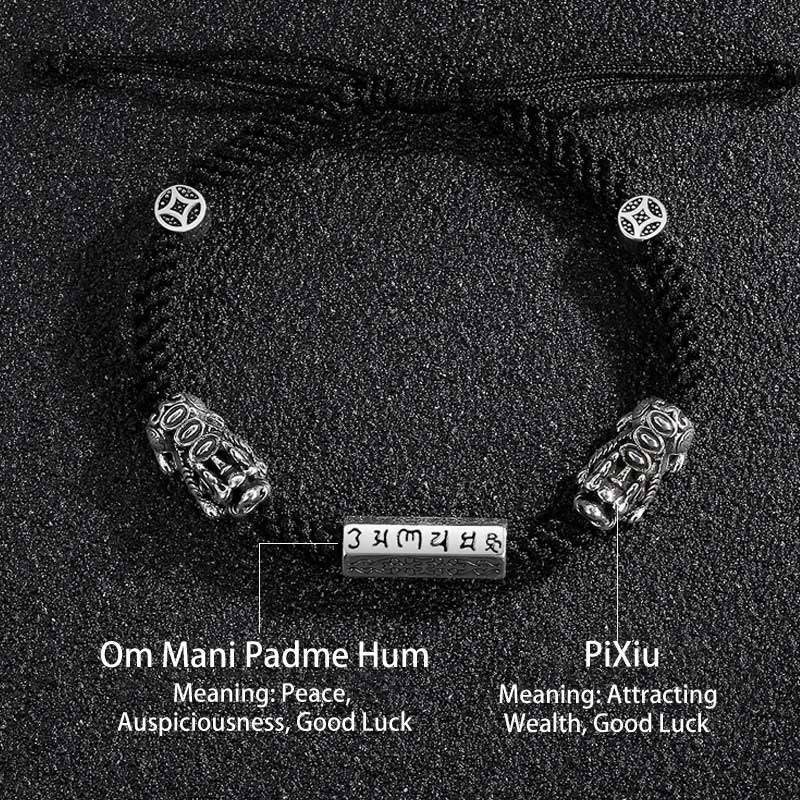Double PiXiu Feng Shui Copper Coin Om Mani Padme Hum String Bracelet