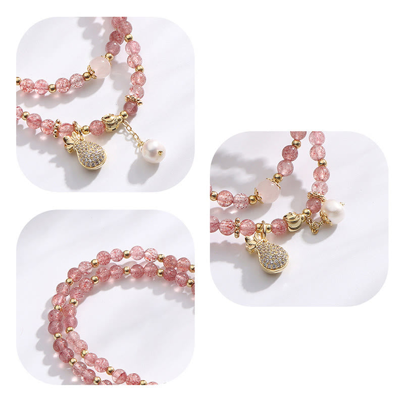 Strawberry Quartz Money Bag Positive Charm Double Wrap Bracelet
