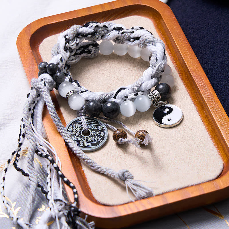 Mountain Ghost Coin & Yin Yang Bagua Rune Double Layer Rope Bracelet