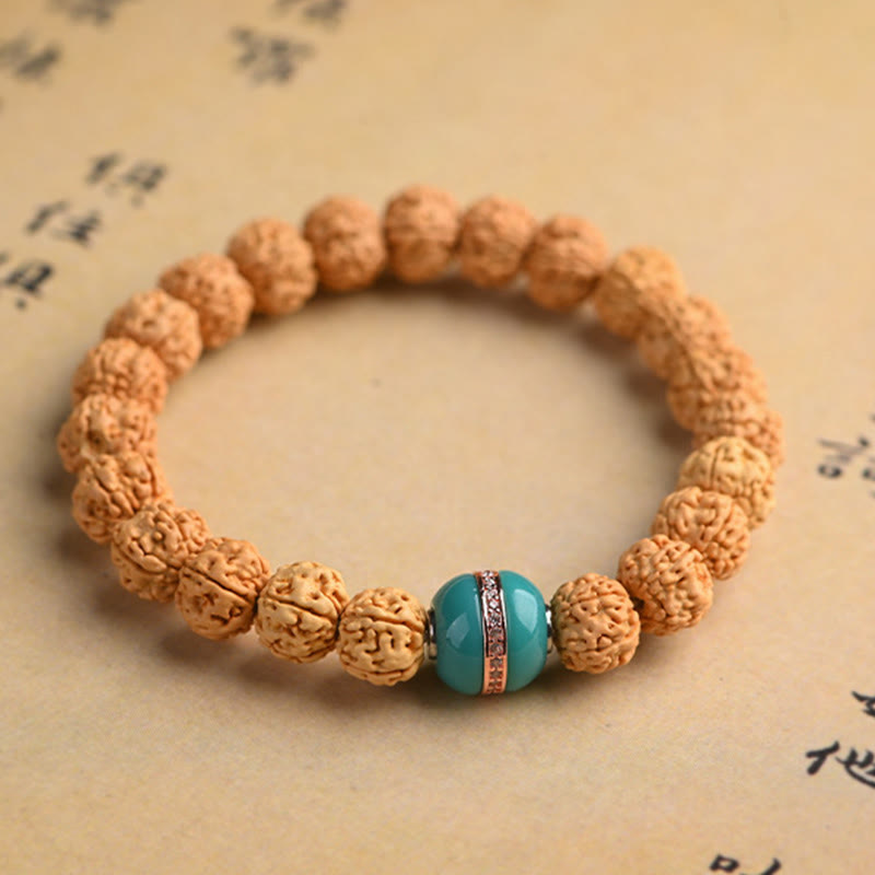 Tibetan Rudraksha & Bodhi Seed Bracelet with Hetian Jade and Gold Sheen Obsidian