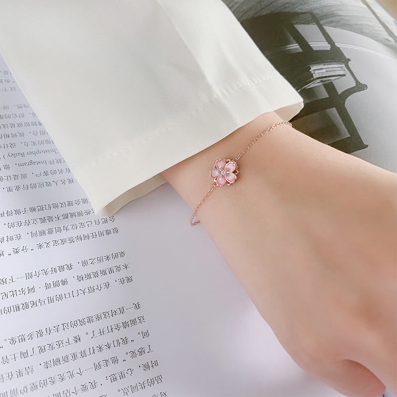 925 Sterling Silver Cherry Blossom Blessing Chain Bracelet Rotatable Ring