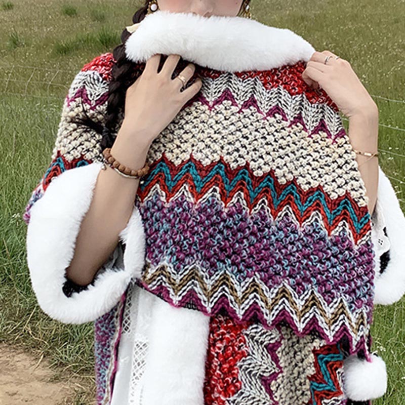 Tibetan Multicolored Wavy Lines Knitted Striped Shawl Coat Winter Cozy Travel Scarf Wrap
