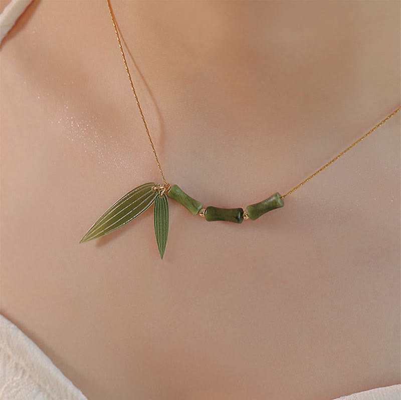 Bamboo Leaf Jade Design Wealth Necklace Pendant
