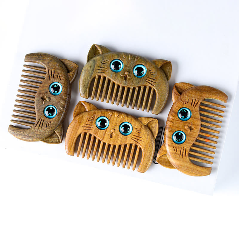 Minimalist Cat Pattern Green Sandalwood Portable Pocket Comb