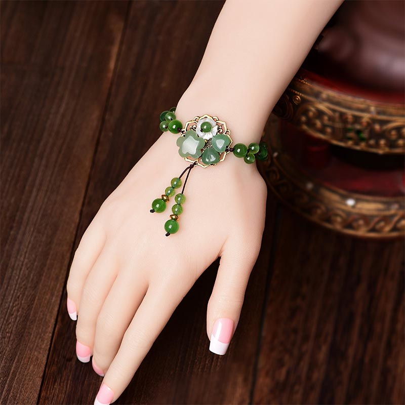 Natural Cyan Jade, Green Aventurine & Agate Dangling Flower Beaded Bracelet