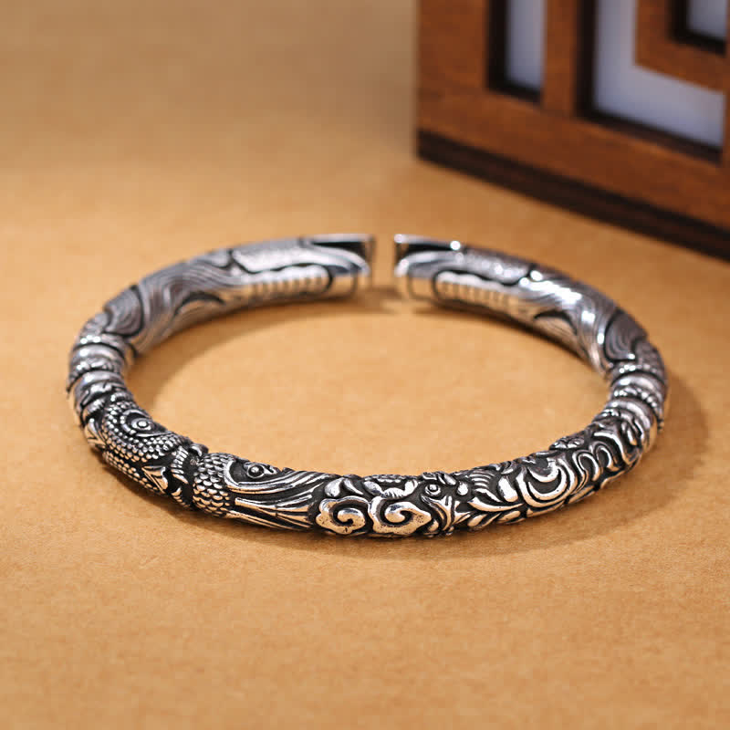 Hand-Carved Sterling Silver and Copper Dragon Head Bangle Bracelet