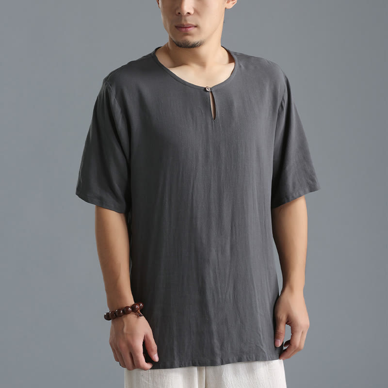 Breathable Cotton-Linen Crew Neck Short Sleeve Meditation Shirt