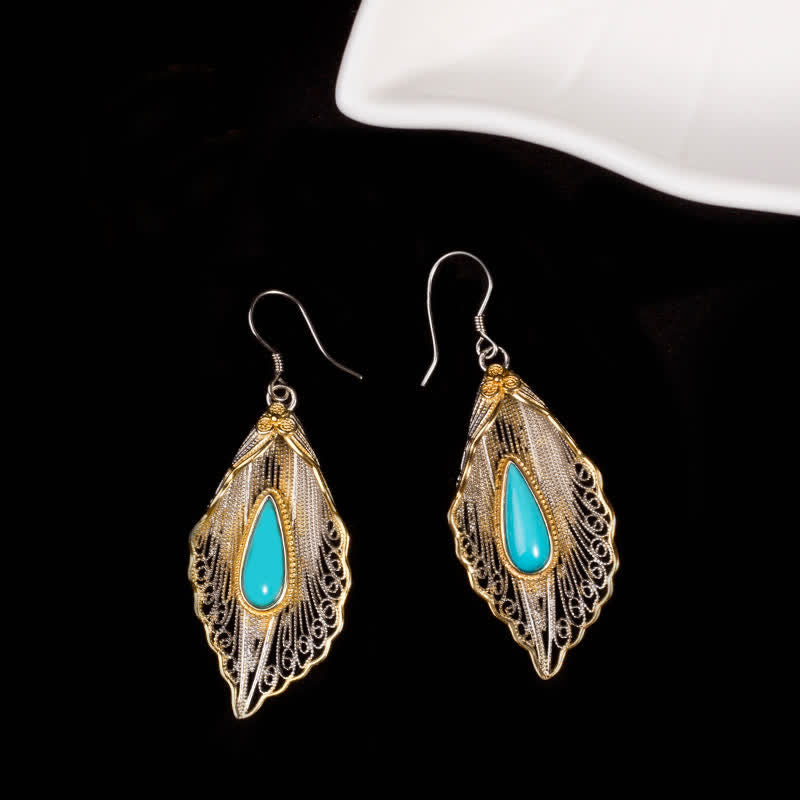 Bodhi Leaf Pattern 925 Sterling Silver Turquoise Dangle Drop Earrings