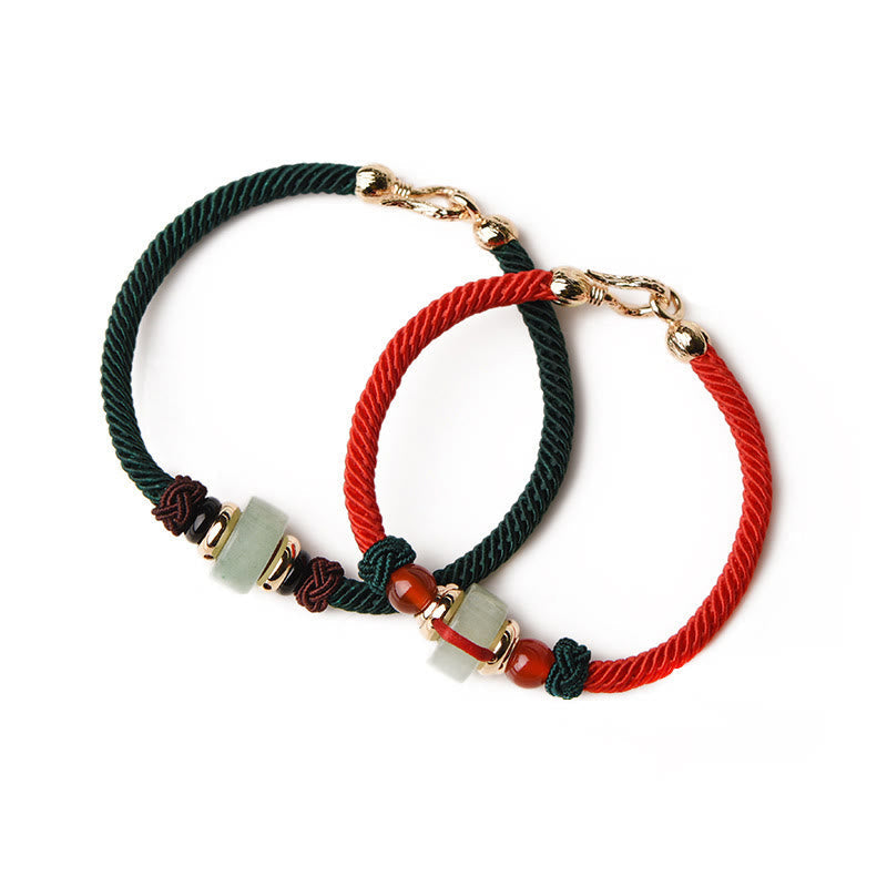Handmade Tibetan Green Aventurine & Red Agate 14k Gold Red String Braided Bracelet