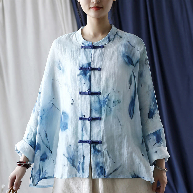 Tie Dye Blue Flowers Frog-Button Design Long Sleeve Ramie Linen Jacket Shirt