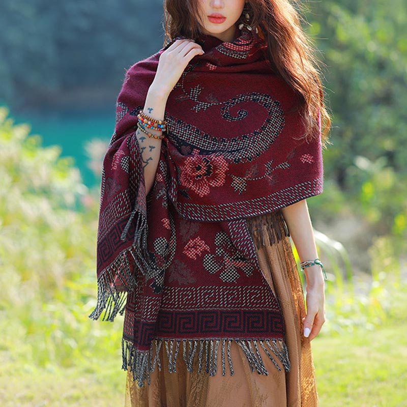 Tibetan Flowers Leaves Pattern Design Shawl Cozy Travel Scarf Wrap