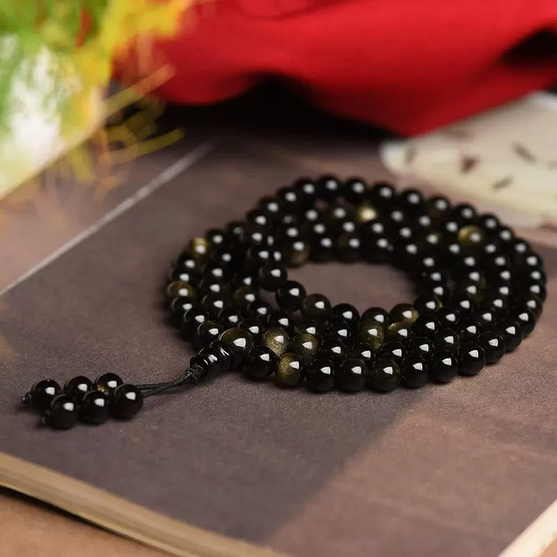 108 Mala Beads Natural Gold Sheen Obsidian Wealth Bracelet