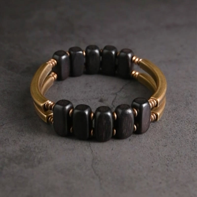 Tibetan Ebony Wood Brass Copper Balance Double Layer Bracelet