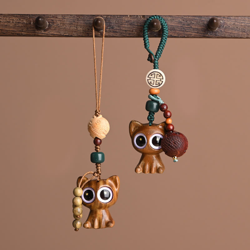 Green Sandalwood Lucky Cat Koi Fish Cure Key Chain Phone Hanging Decoration