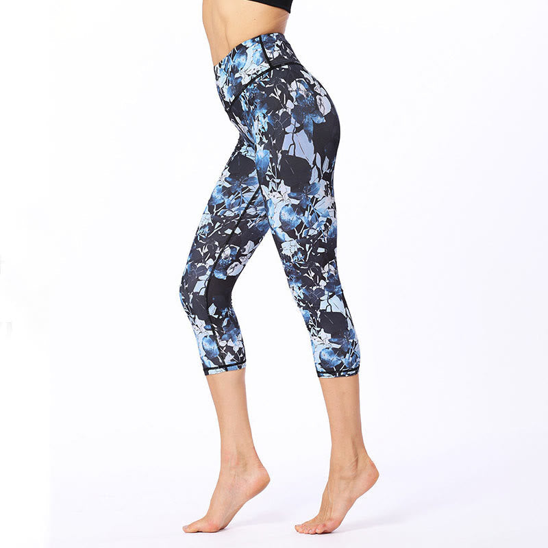 Leaves Butterfly Print Sports Yoga Cropped Leggings Women's Yoga Capri Pants