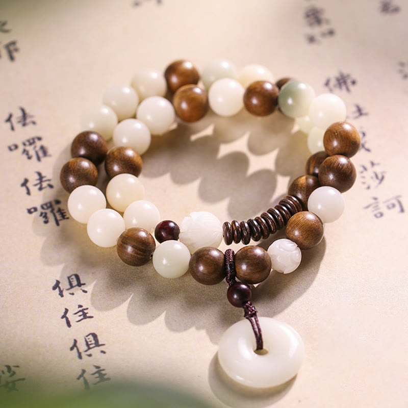 Bodhi Seed Green Sandalwood Lotus Peace Buckle Harmony Double Wrap Bracelet