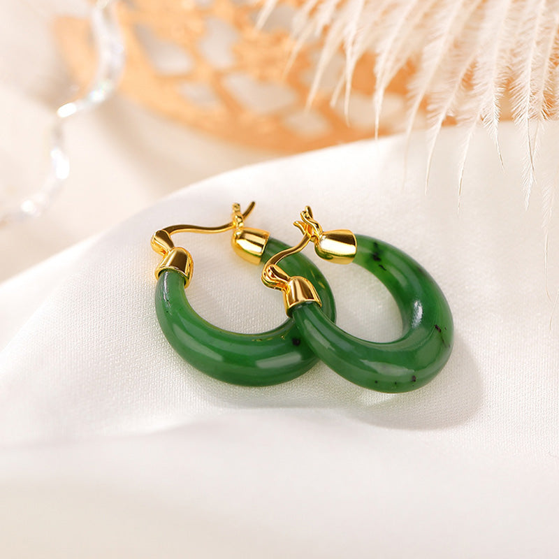 925 Sterling Silver Plated Gold Natural Round Hetian Cyan Jade Luck Drop Earrings