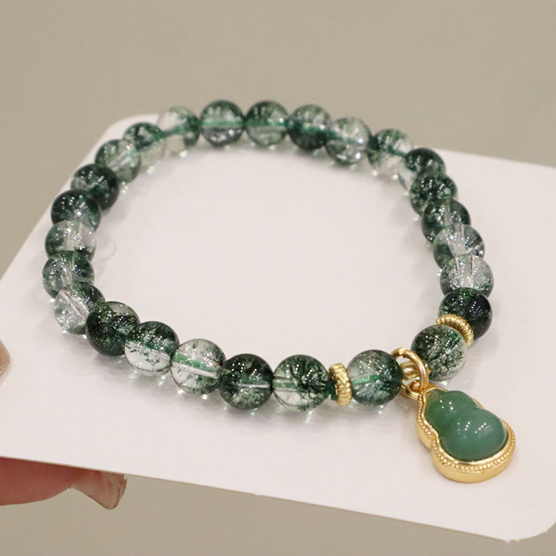 Natural Green Phantom Quartz Beaded Charm Bracelet with Buddha or Wu Lou Gourd