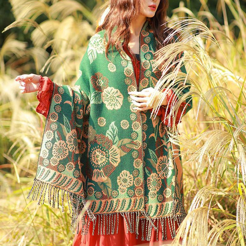Tibetan Flower Floral Leaves Pattern Design Shawl Cozy Travel Scarf Wrap